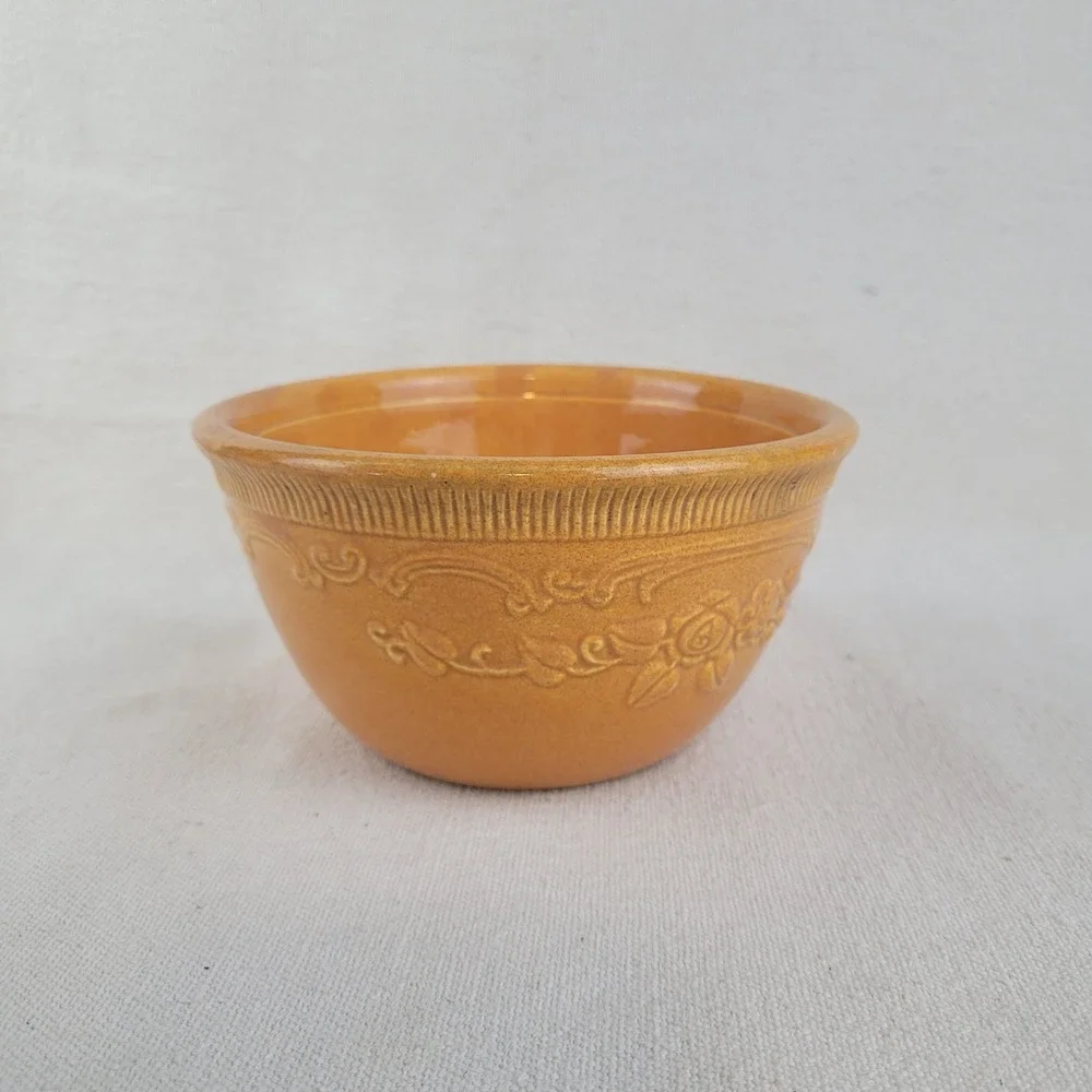 Homer Laughlin Oven Serve Yellow Ware Mixing Bowl Floral Embossed Vintage 6 inch